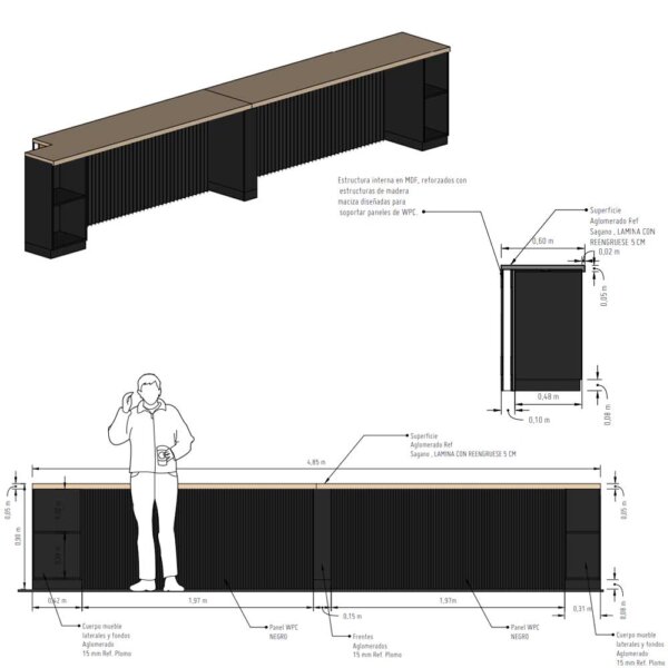 Barra de Recepción General en WPC Negro y Aglomerado Sagano | Diseño Robusto