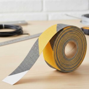 Primer plano de un técnico de Estudios de Conexión instalando una cinta antideslizante industrial de alta visibilidad en una escalera de concreto.