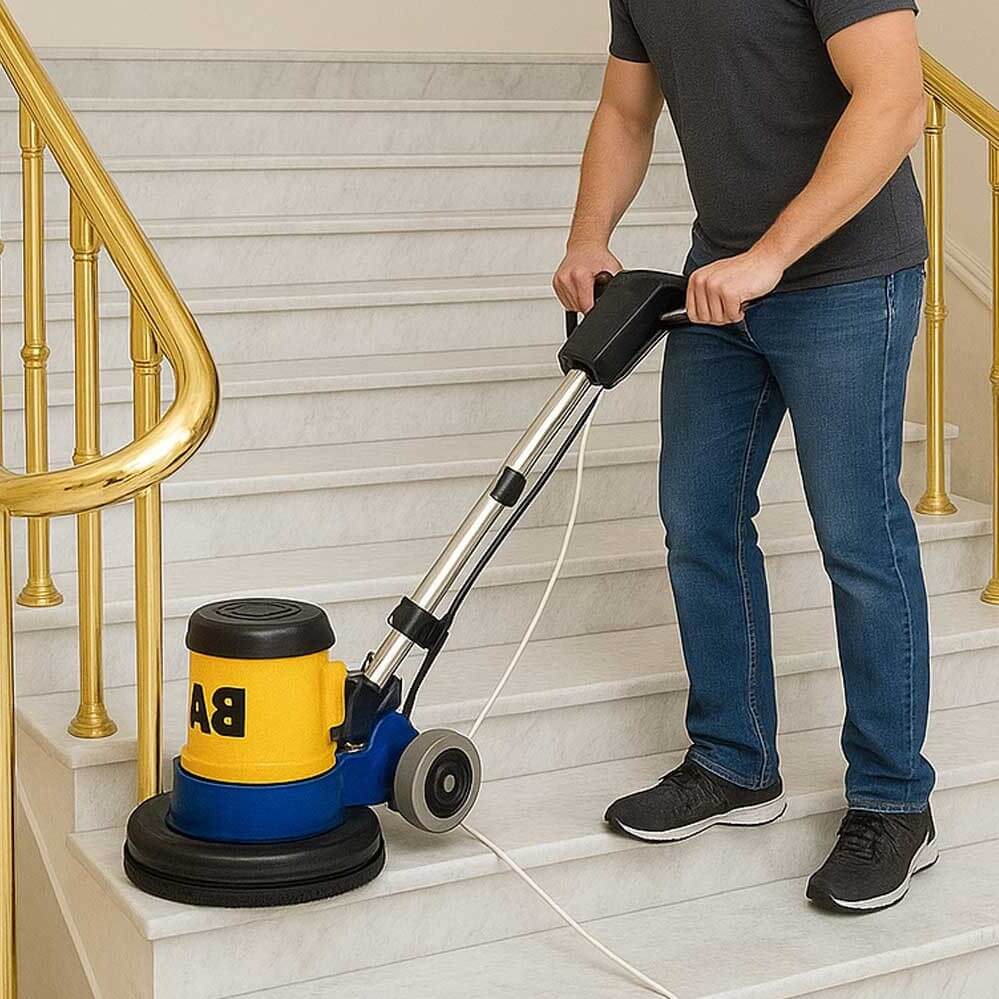 Hombre puliendo y brillando una escalera de mármol con una máquina pulidora profesional. La escalera tiene barandales dorados y el fondo es un vestíbulo elegante. Se observa un acabado brillante en los escalones ya trabajados.
