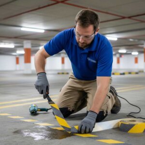 Personal de Estudios de Conexión removiendo cuidadosamente la cinta antideslizante de unas escaleras.