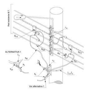 Imagen de un técnico electricista certificado de Estudios de Conexión instalando de forma segura un Kit para Conexión de Acometida en Poste en una Red Trenzada, destacando el uso de equipos de protección personal y la calidad de los herrajes y cables.